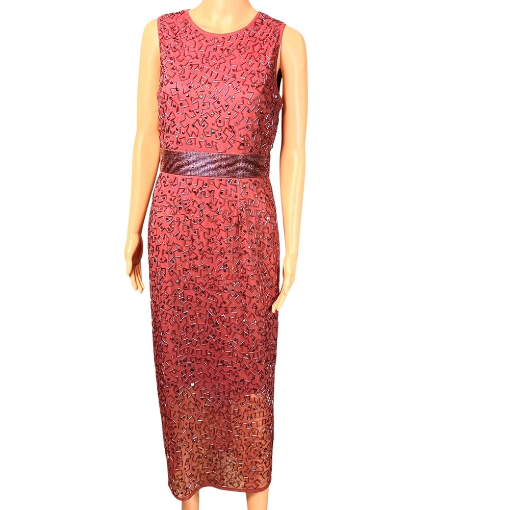Mac Duggal Beaded Geometric Sequin Sleeveless Midi Sheath Dress Terracotta Sz 6